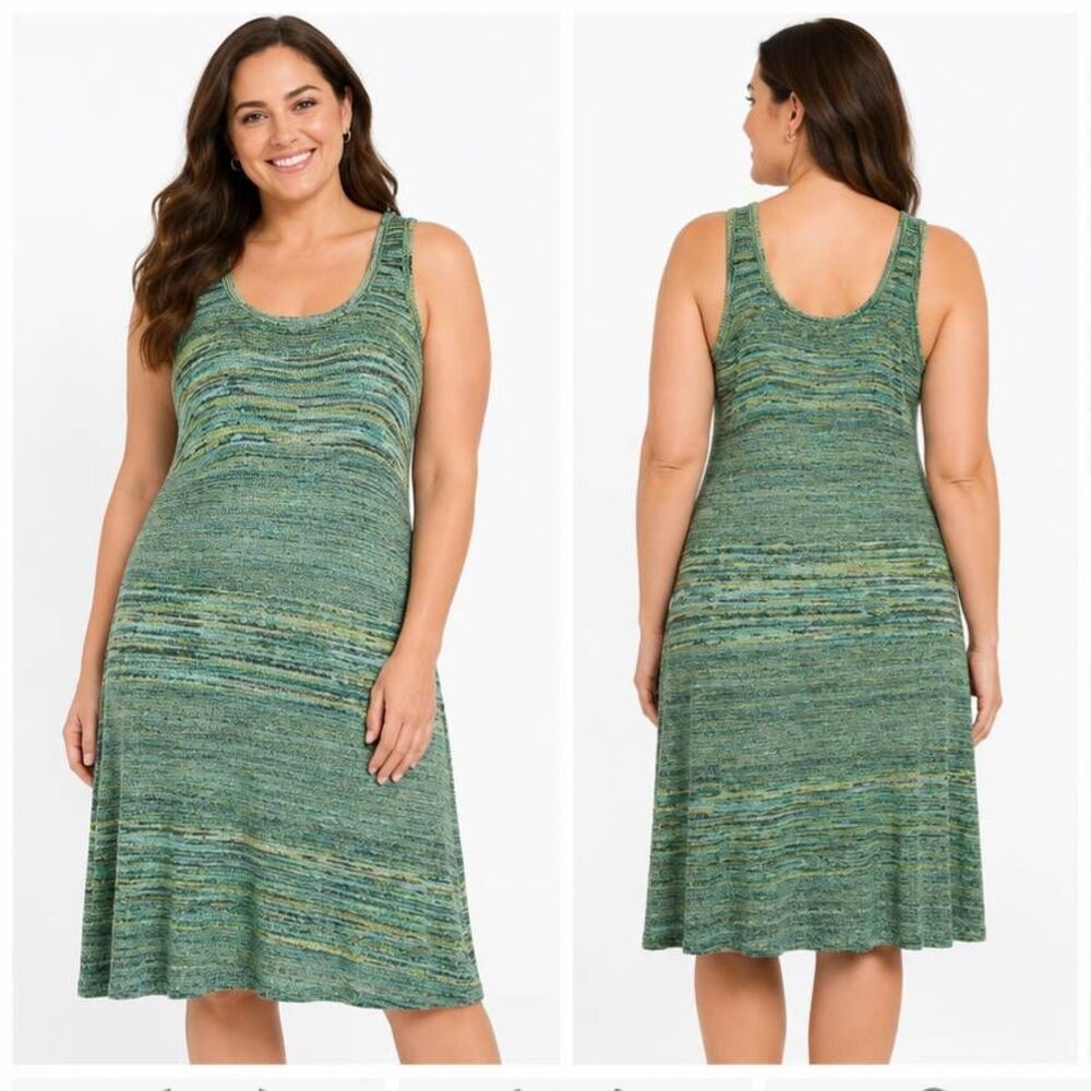Joan Vass Size L Green Space Dye Sleeveless Midi Dress